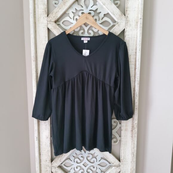 Times Two Maternity 3/4 Sleeve Balloon Elastic Waist Babydoll Top Tunic in Black - Picture 4 of 5